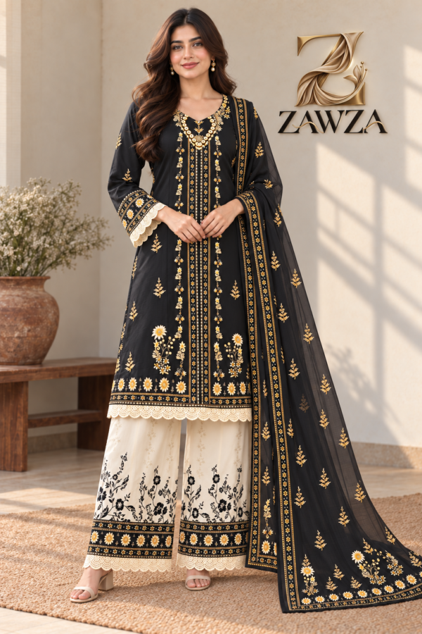 Black and Ivory Embroidered Suit Set