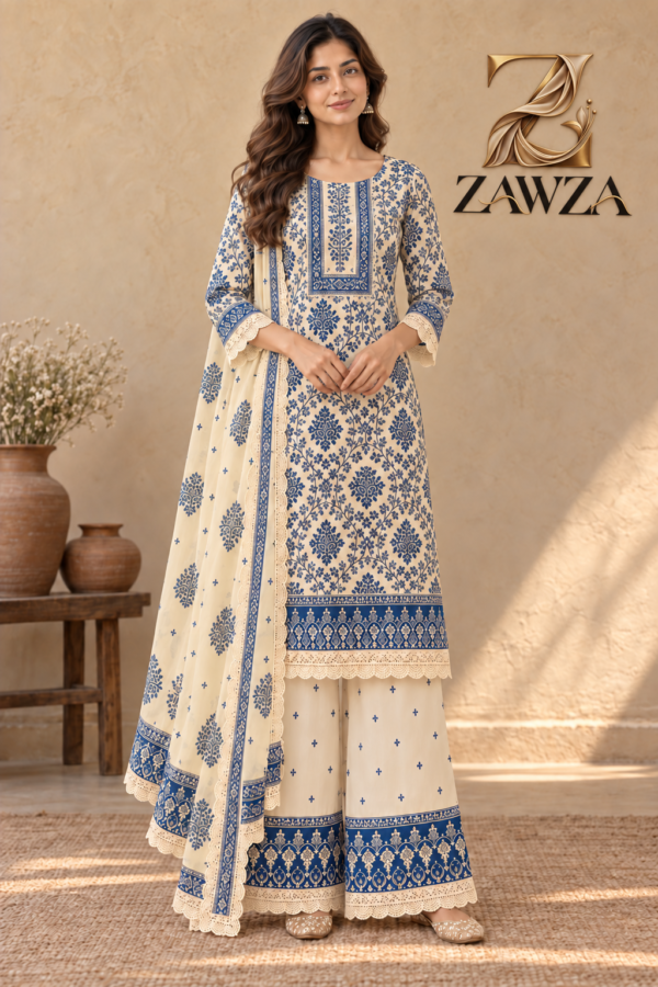 Ivory Blue Printed Suit Set